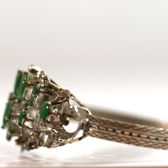 NATURAL DARK GREEN JADEITE JADE CABOCHON DIAMOND FLOWER 18K WHITE GOLD BRACELET - Picture 4 of 12